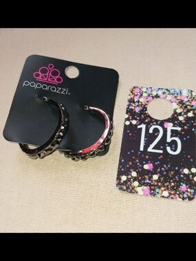 paparazzi Black Faceted Hoop Earrings with Pink Accents